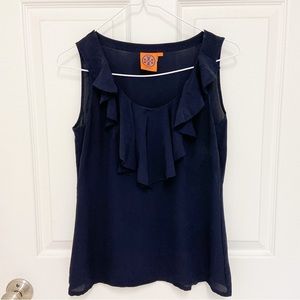 Tory Burch 100% Silk Navy Ruffle Tank Top Blouse Size 2